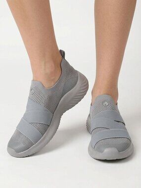 Apana Women's Grey Knit Slip-On Athletic Sneakers Cross Strap Walking Shoes